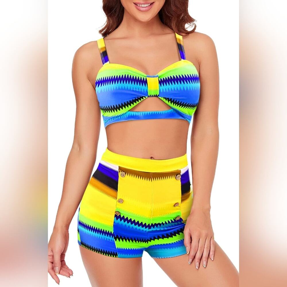 New High Waisted 2 Piece Swimsuit Boyshorts 484 Tummy Control Size‎ M